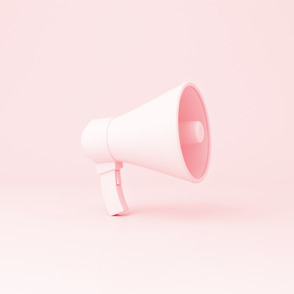 Pink megaphone on pink background. women's voice concept.