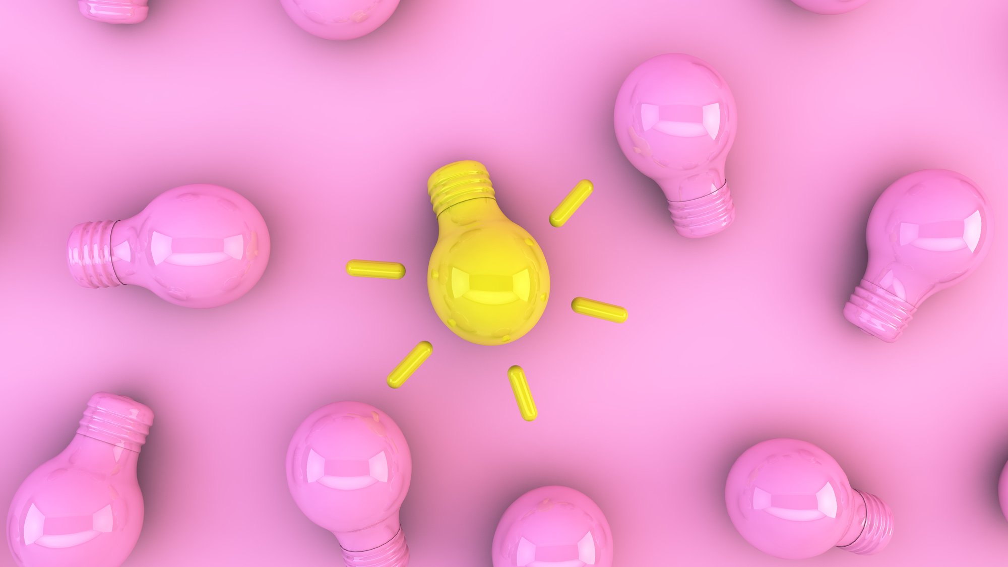 Pink Light Bulbs on a Pink Background. One of Them Is Yellow and